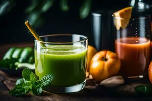 green juice in a glass with oranges and mint. AI-Generated photo