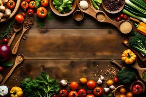 a wooden table with many different types of vegetables. AI-Generated photo