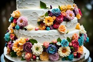 a three tiered cake with colorful flowers on it. AI-Generated photo