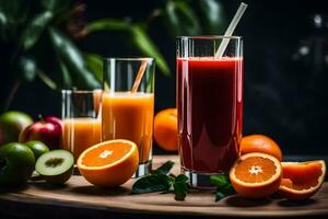 a glass of juice with oranges and apples. AI-Generated photo