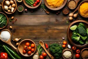 a variety of vegetables and spices in wooden bowls. AI-Generated photo