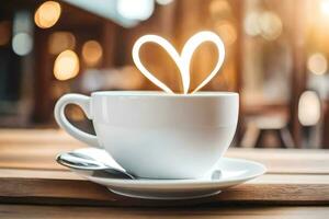 café taza con corazón forma en el mesa. generado por ai foto