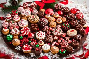 a large chocolate platter with christmas cookies and candy. AI-Generated photo