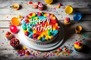 a birthday cake with colorful sprinkles on a wooden table. AI-Generated photo