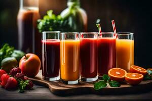 a variety of juices and fruit on a wooden tray. AI-Generated photo