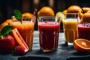 a variety of juices and fruit in glasses. AI-Generated photo