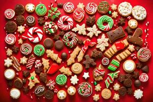 Navidad galletas en un rojo antecedentes. generado por ai foto