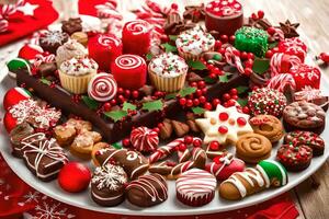 un plato de Navidad dulces en un de madera mesa. generado por ai foto