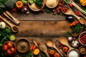 various vegetables and spices are arranged on a wooden table. AI-Generated photo