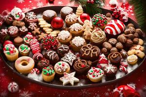 un plato de Navidad galletas y golosinas en un rojo antecedentes. generado por ai foto