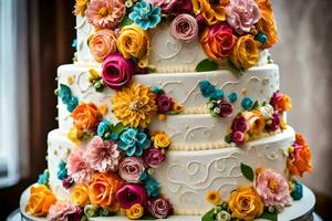 a wedding cake with colorful flowers on top. AI-Generated photo