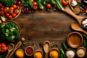 a wooden table with many different types of vegetables and spices. AI-Generated photo