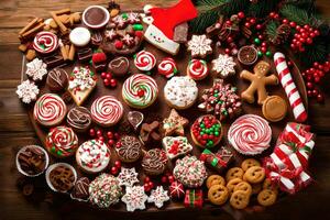 Navidad galletas y golosinas en un de madera mesa. generado por ai foto