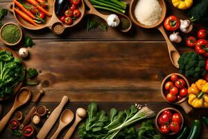 various vegetables and spices are arranged on a wooden table. AI-Generated photo