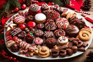 Navidad postre plato con Navidad galletas y dulces. generado por ai foto