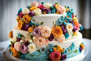 a wedding cake with colorful flowers on top. AI-Generated photo