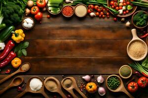 various vegetables and spices arranged on a wooden table. AI-Generated photo