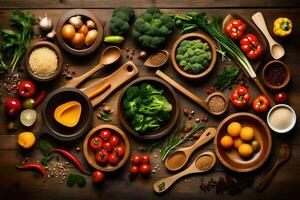 a variety of vegetables and fruits are arranged in bowls. AI-Generated photo