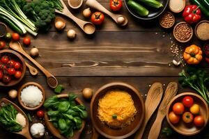 various vegetables and spices are arranged in bowls. AI-Generated photo