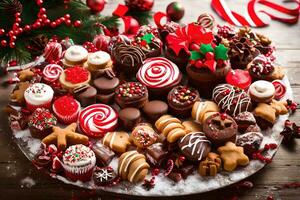 Navidad postre plato con varios tipos de chocolates y dulces. generado por ai foto