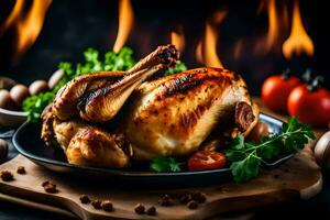 roasted chicken on a black background. AI-Generated photo