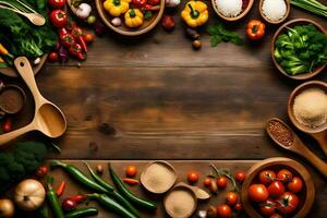 a wooden table with various vegetables and spices. AI-Generated photo