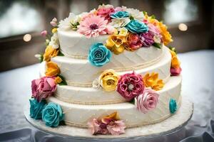 a wedding cake with colorful flowers on top. AI-Generated photo