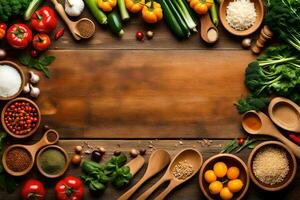 various vegetables and spices are arranged around a wooden table. AI-Generated photo