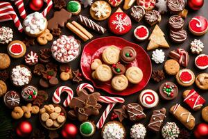 Navidad galletas y caramelo bastones en un negro antecedentes. generado por ai foto