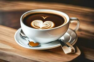 a cup of coffee with heart shaped latte art. AI-Generated photo