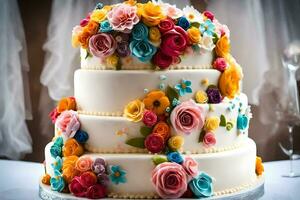 a three tiered cake with colorful flowers on top. AI-Generated photo