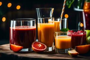 various juices and fruit in glasses on a table. AI-Generated photo