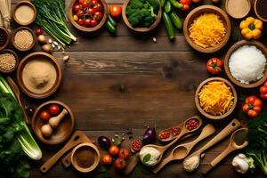 a wooden background with many different types of vegetables. AI-Generated photo