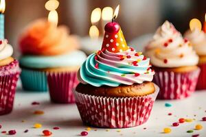 many colorful cupcakes with candles on them. AI-Generated photo
