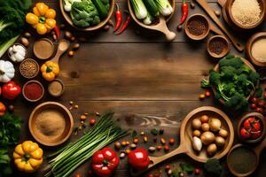 a variety of vegetables and spices are arranged in bowls. AI-Generated photo