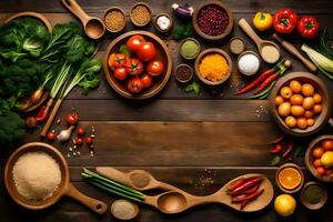 various types of vegetables and spices in wooden bowls. AI-Generated photo