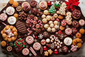 a large plate of christmas cookies and candy. AI-Generated photo