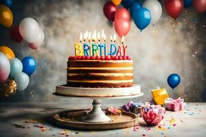 un cumpleaños pastel con velas en parte superior y globos generado por ai foto