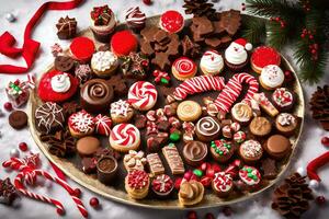 a platter of christmas cookies and candies. AI-Generated photo