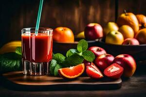 a glass of juice with a straw and a bowl of fruit. AI-Generated photo