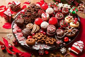 un plato de Navidad dulces en un de madera mesa. generado por ai foto