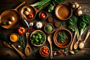 a variety of vegetables and spices are arranged in wooden bowls. AI-Generated photo
