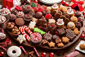 un grande plato de Navidad galletas y dulces. generado por ai foto