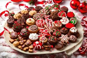 un plato de Navidad galletas y dulces. generado por ai foto