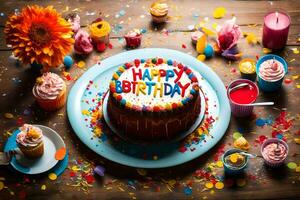 a birthday cake is surrounded by colorful confetti. AI-Generated photo