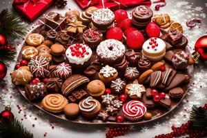 Navidad postre plato con Navidad decoraciones en un blanco antecedentes. generado por ai foto