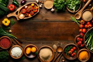 a wooden table with many different types of vegetables and spices. AI-Generated photo