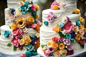 three tiered wedding cake with colorful flowers. AI-Generated photo