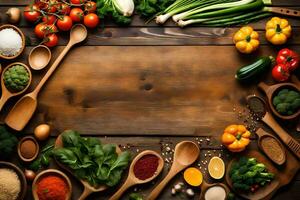 a wooden table with various vegetables and spices. AI-Generated photo