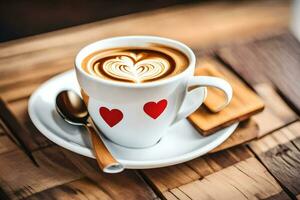 un taza de café con corazones en el platillo. generado por ai foto